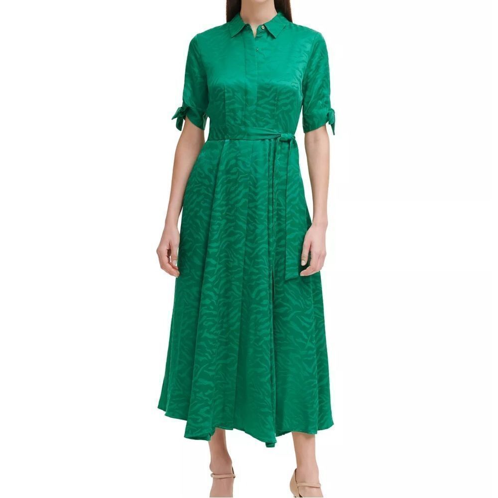CALVIN KLEIN Green Zebra Jacquard Belted Tie-Sleeve Midi Dress New Size 4 Petite